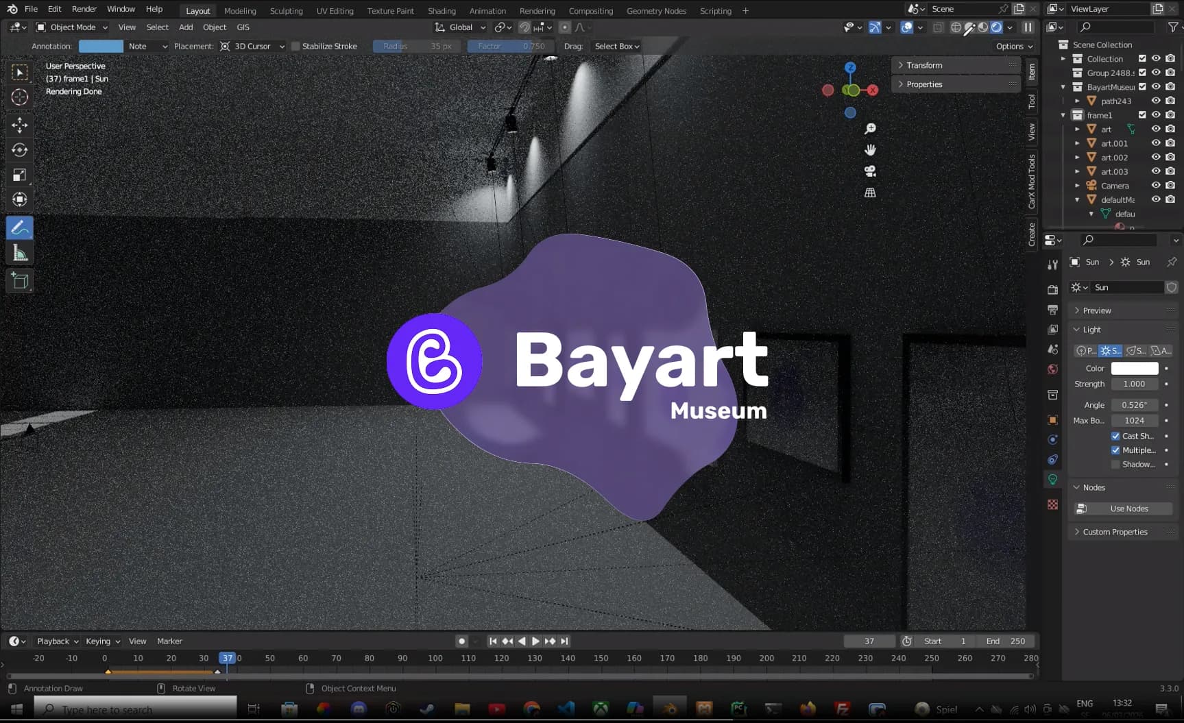 Blender 3D render of the Bayart Museum main hall interior