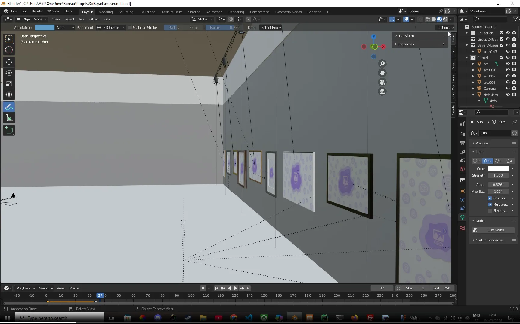 Custom 3D museum architecture modeled from scratch in Blender