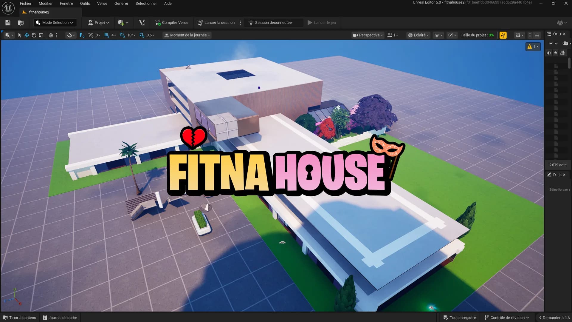 UEFN viewport screenshot of Fitnahouse luxury villa exterior design