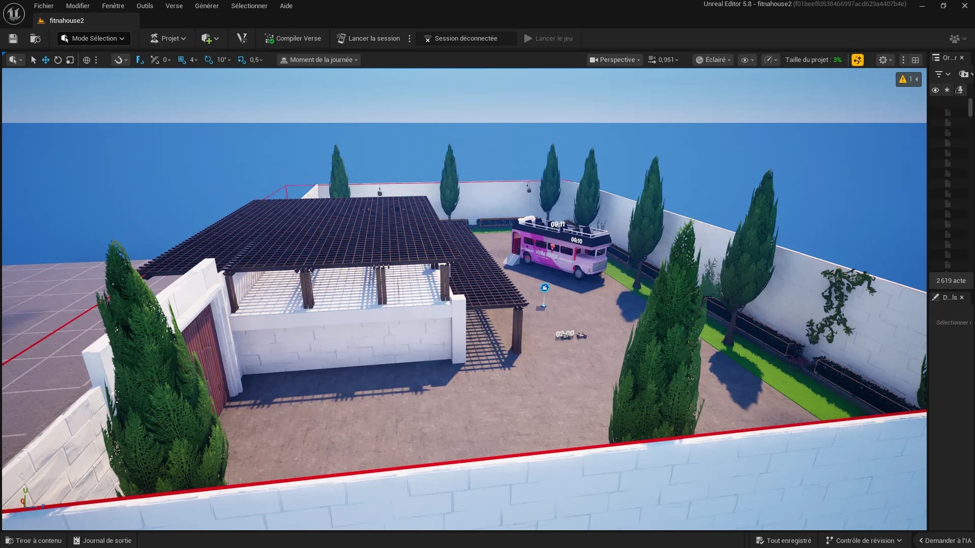 UEFN viewport render of Fitnahouse spawn point and arrival bus