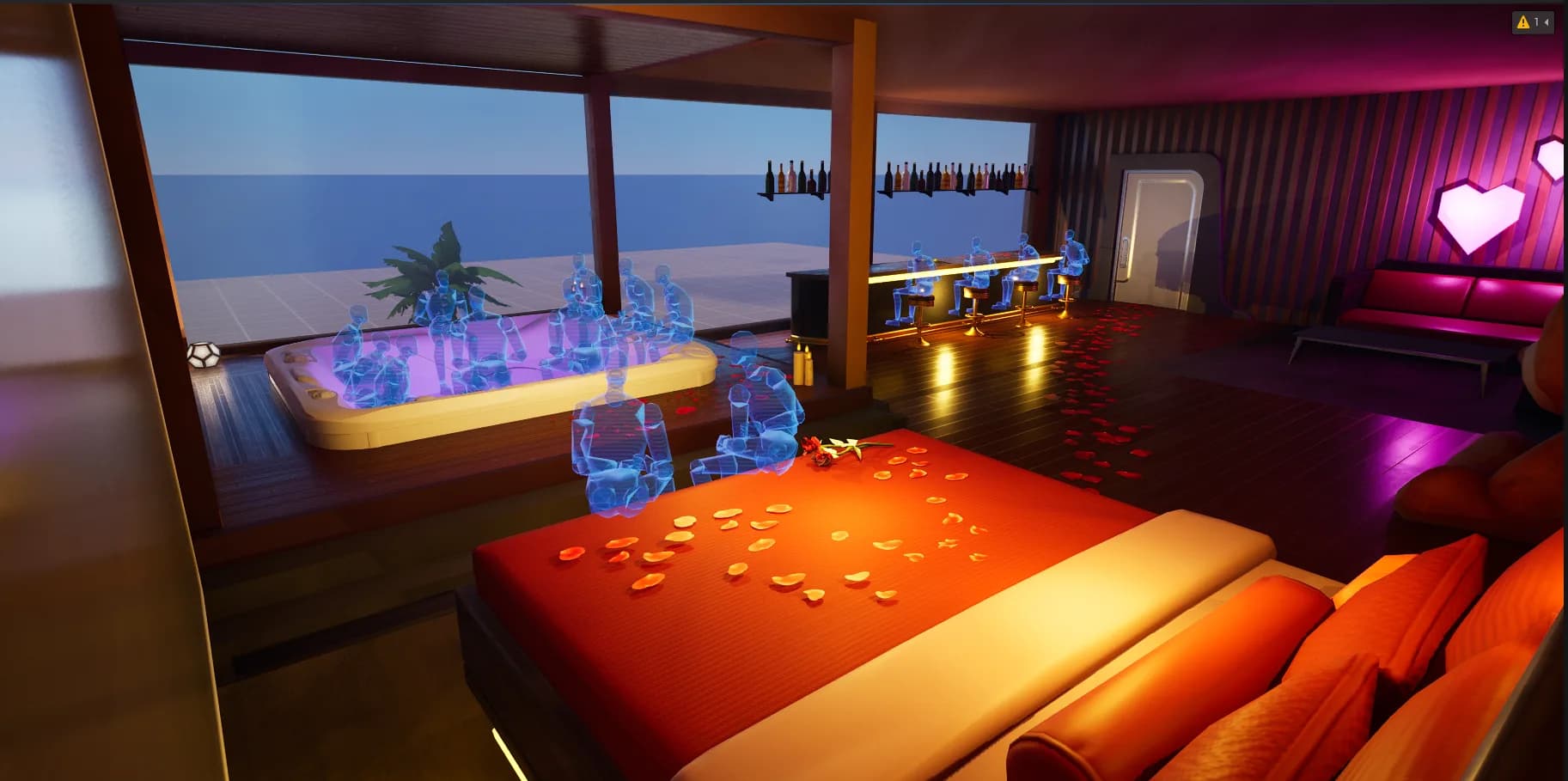 UEFN viewport render of Fitnahouse luxury Love Room interior