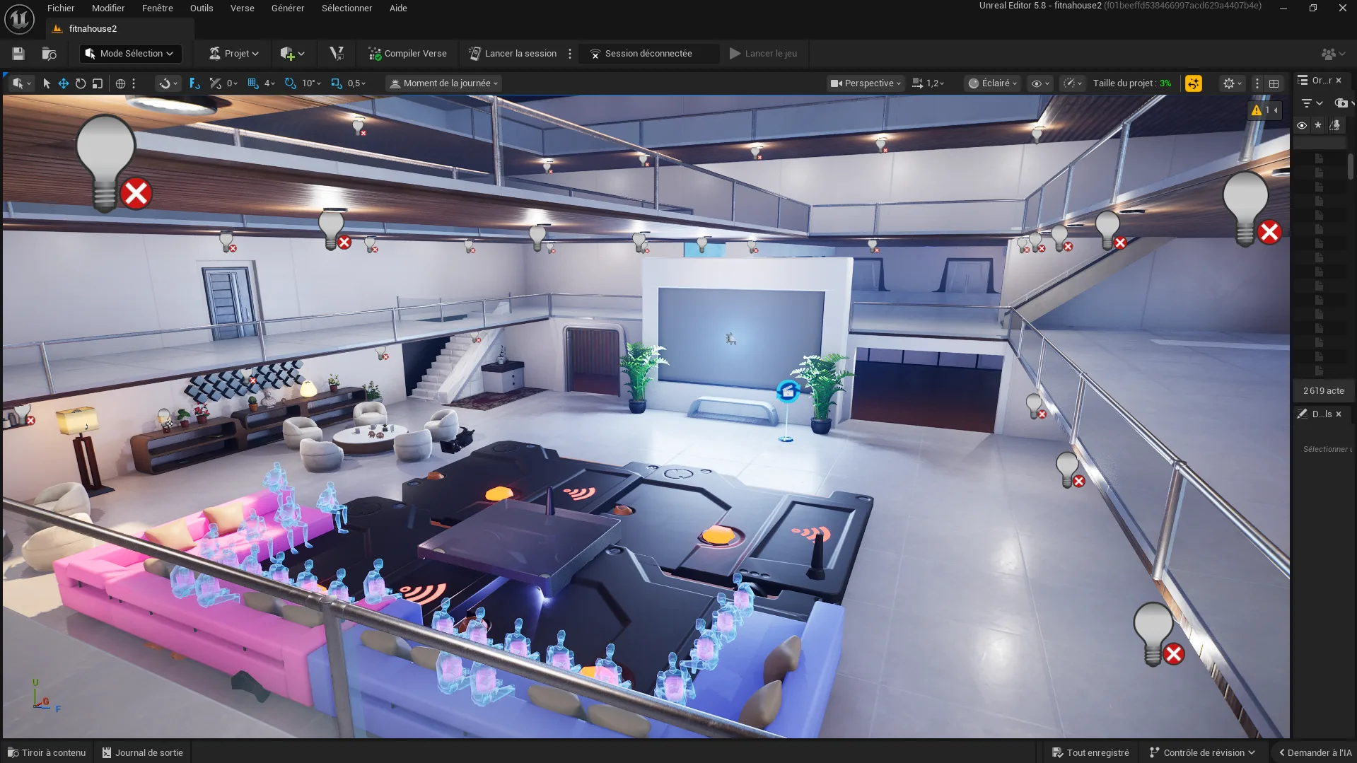 UEFN viewport screenshot of Fitnahouse main room with central screen