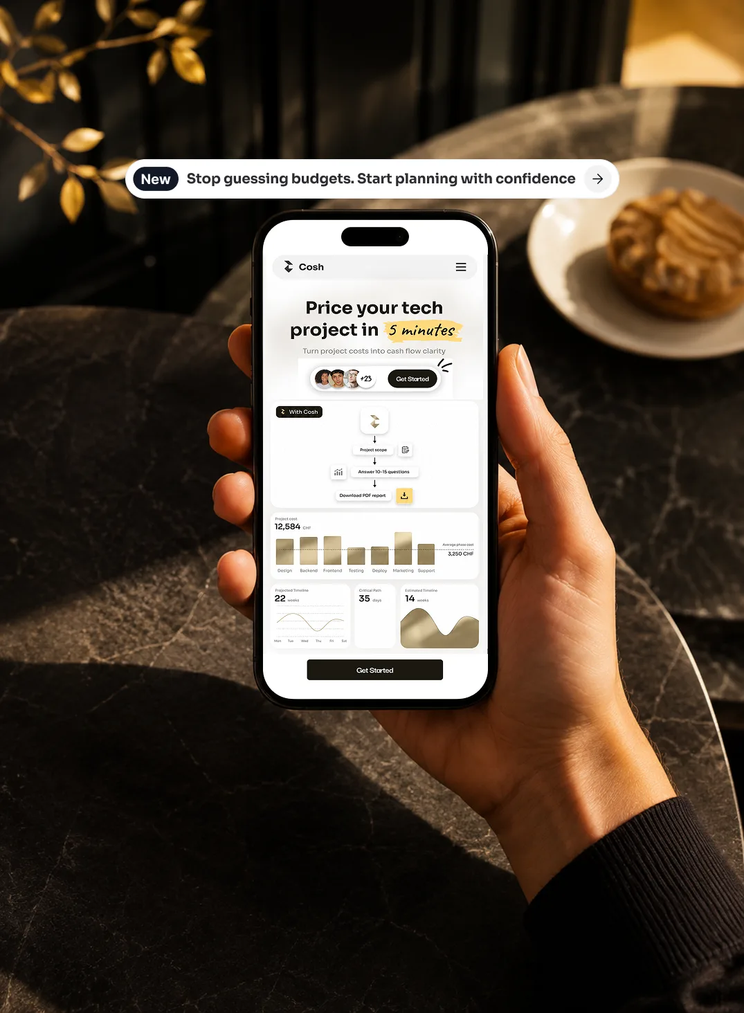 Landing page design for Cosh project estimation SaaS