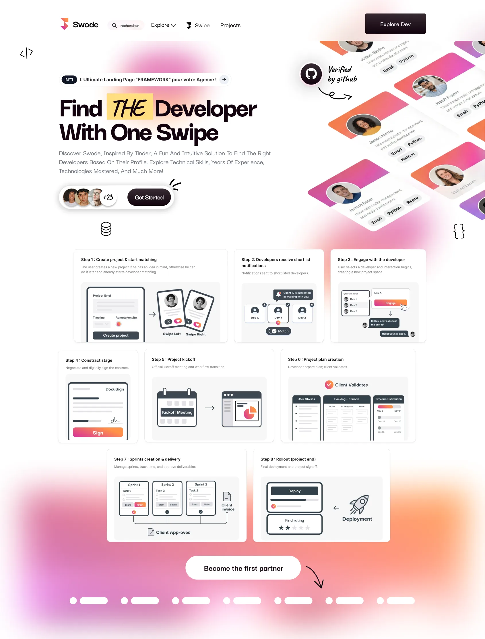 Landing page UI UX design for Swode developer discovery platform