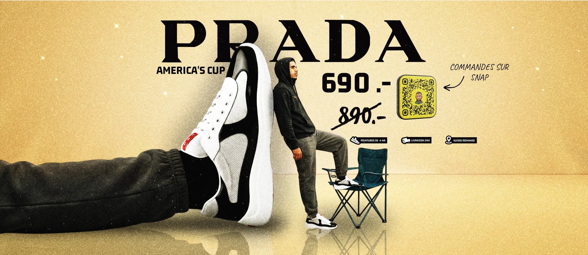 Promotional poster for luxury Prada sneaker reselling
