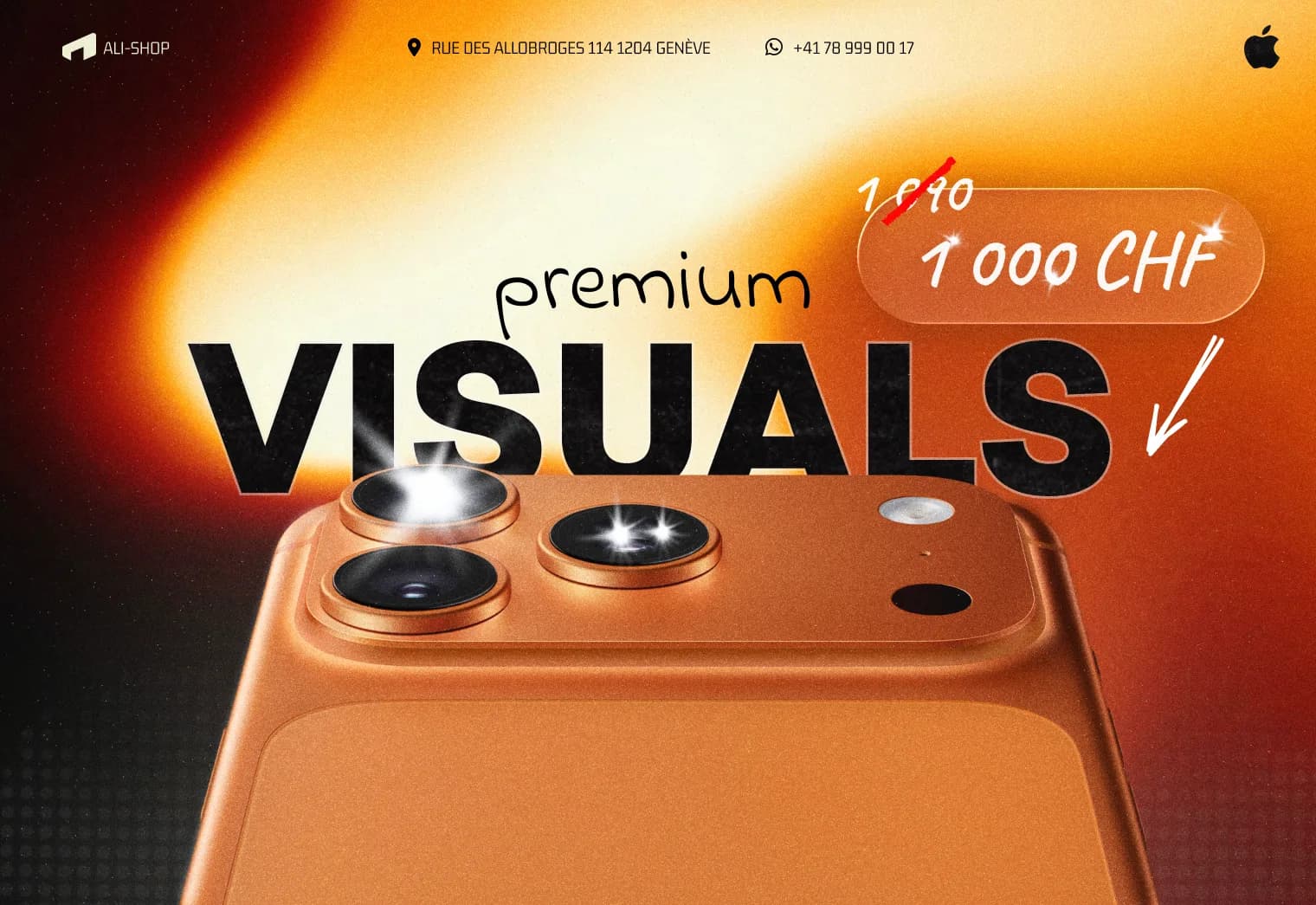 Promotional banner design for Ali-Shop Genève featuring an iPhone deal